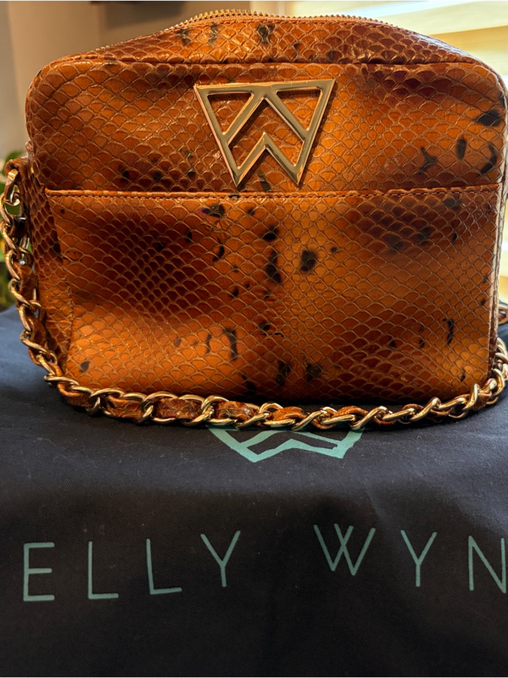 Kelly Wynne Amber Tortoise Snake-Embossed Crossbody with Gold Chain